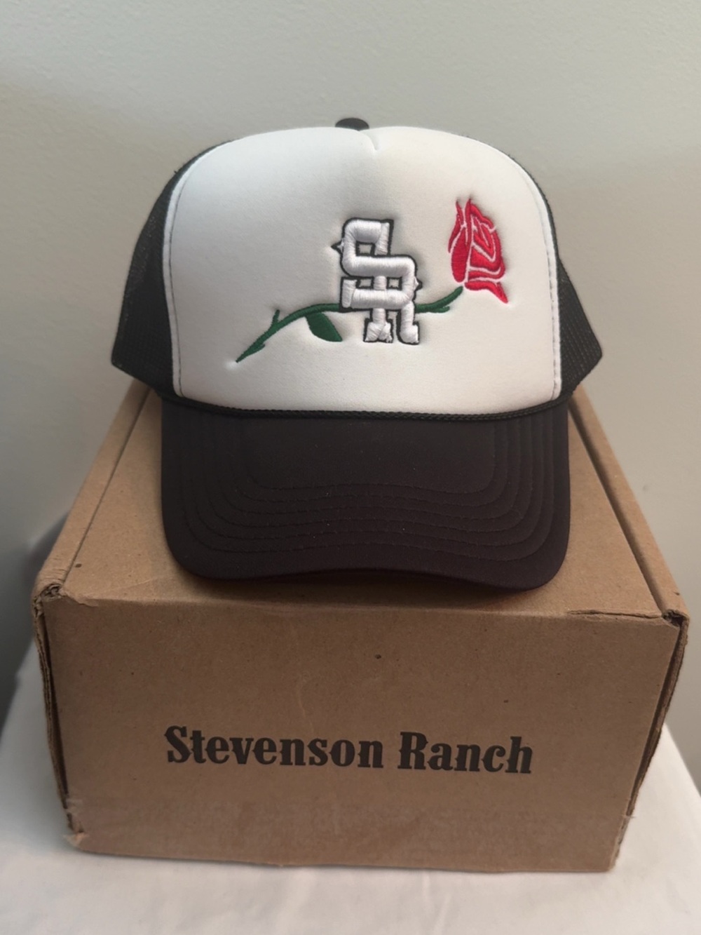 Stevenson Ranch Trucker Hat with Rose Embroidery - Black & White